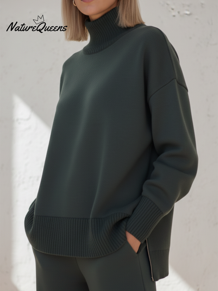 Dwuczęściowy komplet z kołnierzykiem stójką i zamkiem zasilającym z boku, z prostymi spodniami