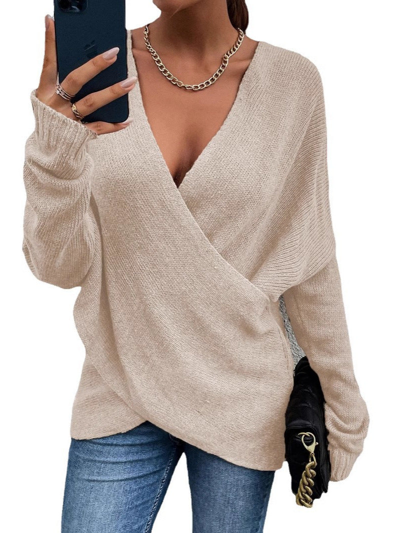 Sweter damski dzianinowy, jesienny/zima, z dekoltem w serek i długimi rękawami 