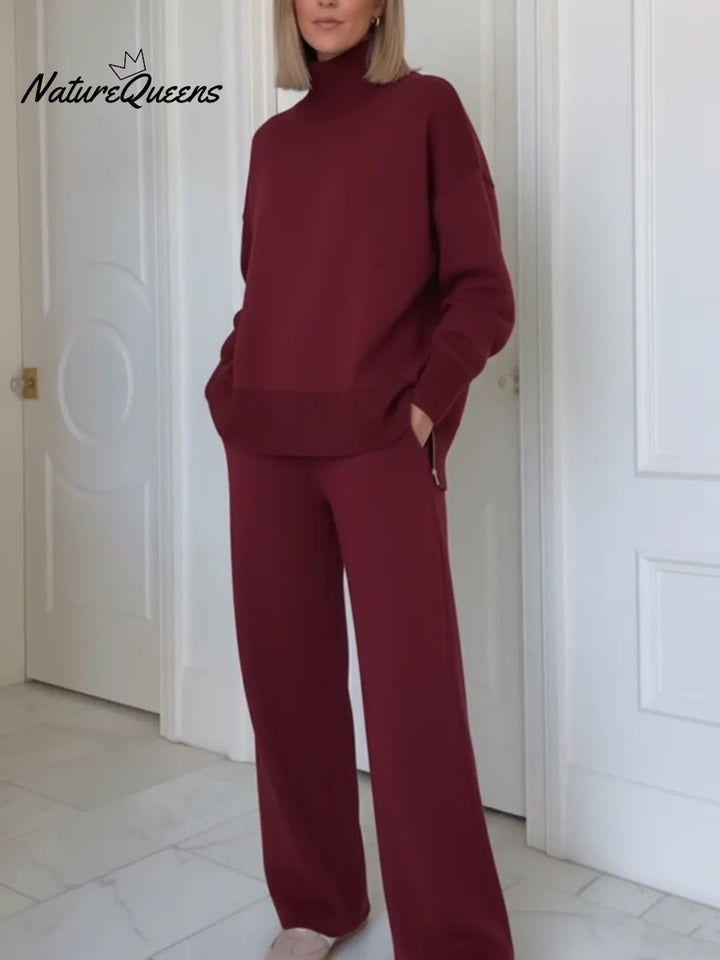 Dwuczęściowy komplet z kołnierzykiem stójką i zamkiem zasilającym z boku, z prostymi spodniami