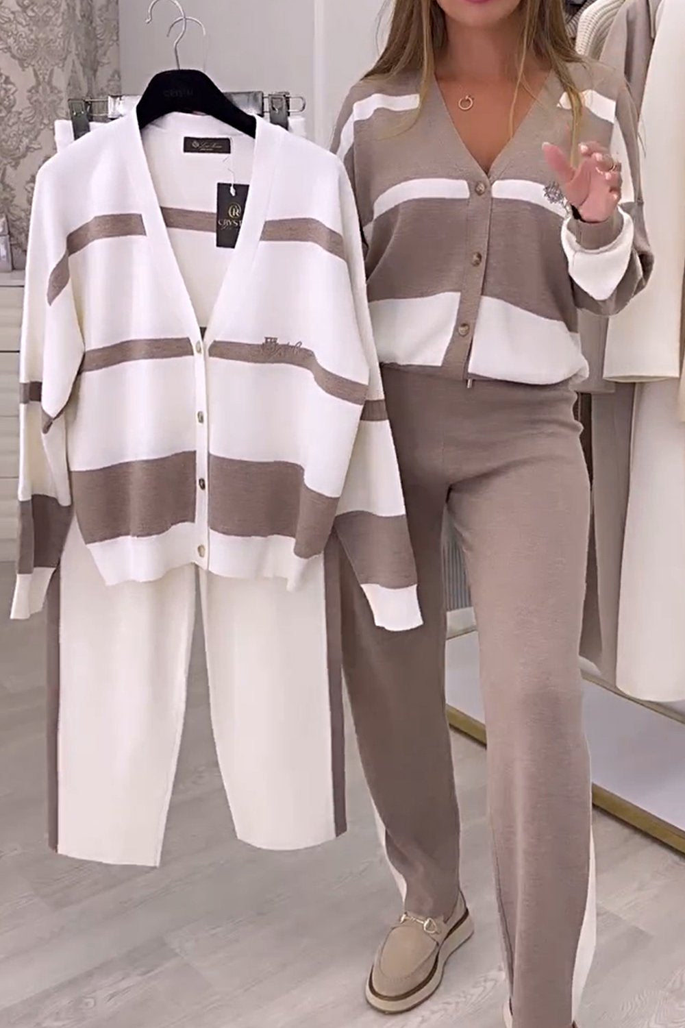 Modny, dzianinowy sweter w kontrastowym kolorze, dwuczęściowy komplet 