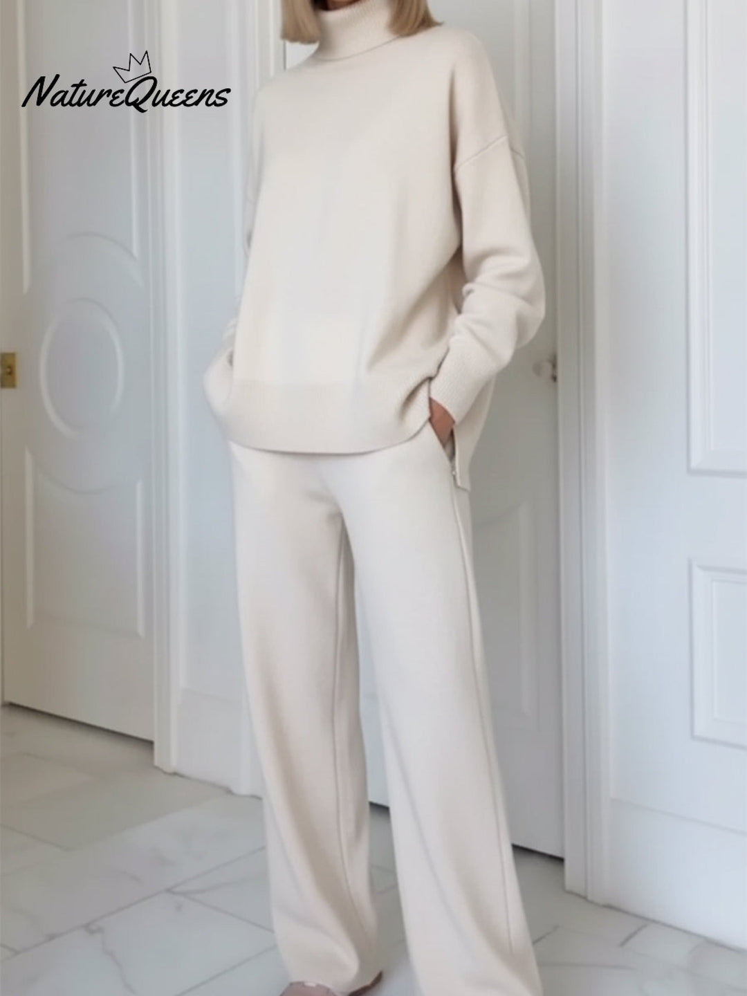 Dwuczęściowy komplet z kołnierzykiem stójką i zamkiem zasilającym z boku, z prostymi spodniami