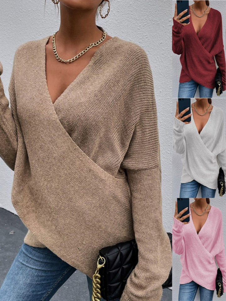 Sweter damski dzianinowy, jesienny/zima, z dekoltem w serek i długimi rękawami 