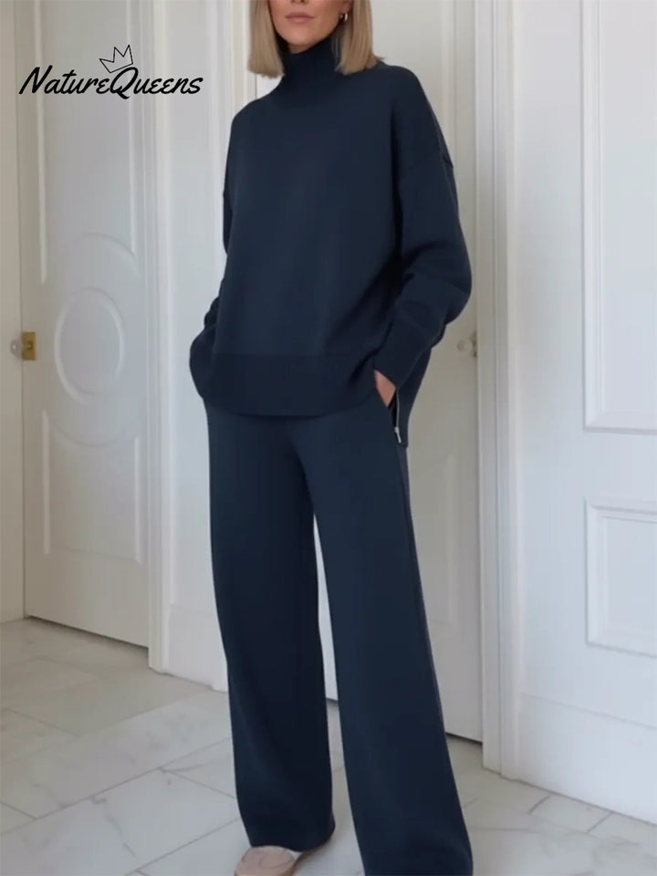 Dwuczęściowy komplet z kołnierzykiem stójką i zamkiem zasilającym z boku, z prostymi spodniami