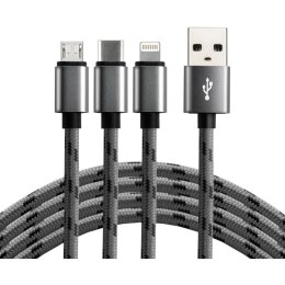 Kabel USB-A -> USB-C/microUSB/Lightning 3w1 1,2m 2,4A pleciony czarny EVERACTIVE (CBB-1.2MCI)