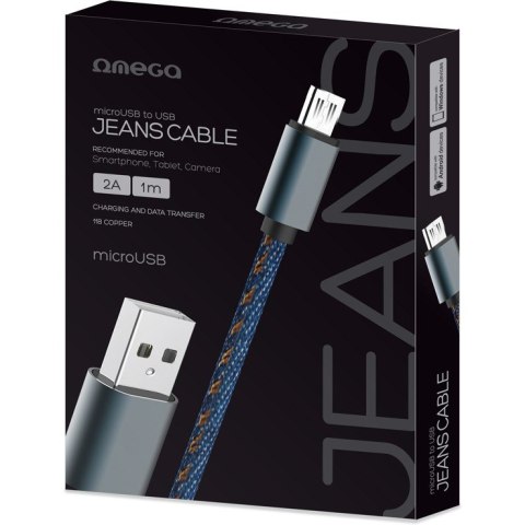 Kabel USB-A -> microUSB 1m 2A pleciony niebieski OMEGA JEANS (44200)