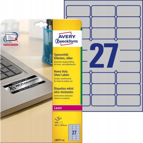 Etykiety Heavy Duty 63.5x29.6mm srebrne poliestrowe L6011-20szt AVERY ZWECKFORM