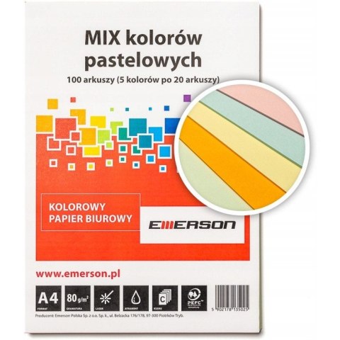 Papier ksero A4 80g mix pastel 100ark Kanarkowy, Różowy, Pomarańczowy, Jasny Niebieski, Jasny Zielony xem1000pwn EMERSON