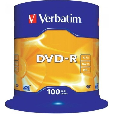 Płyta DVD-R 4,7GB VERBATIM cake (100szt) 16x Matt Silver 43549